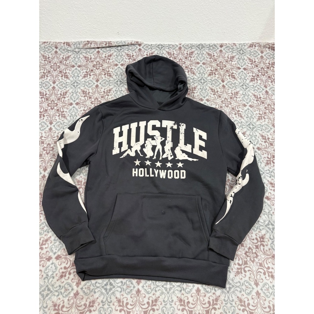 Reason Clothing Hustle Hollywood Graphic Hoodie Black Mens Large Flame Sleeve